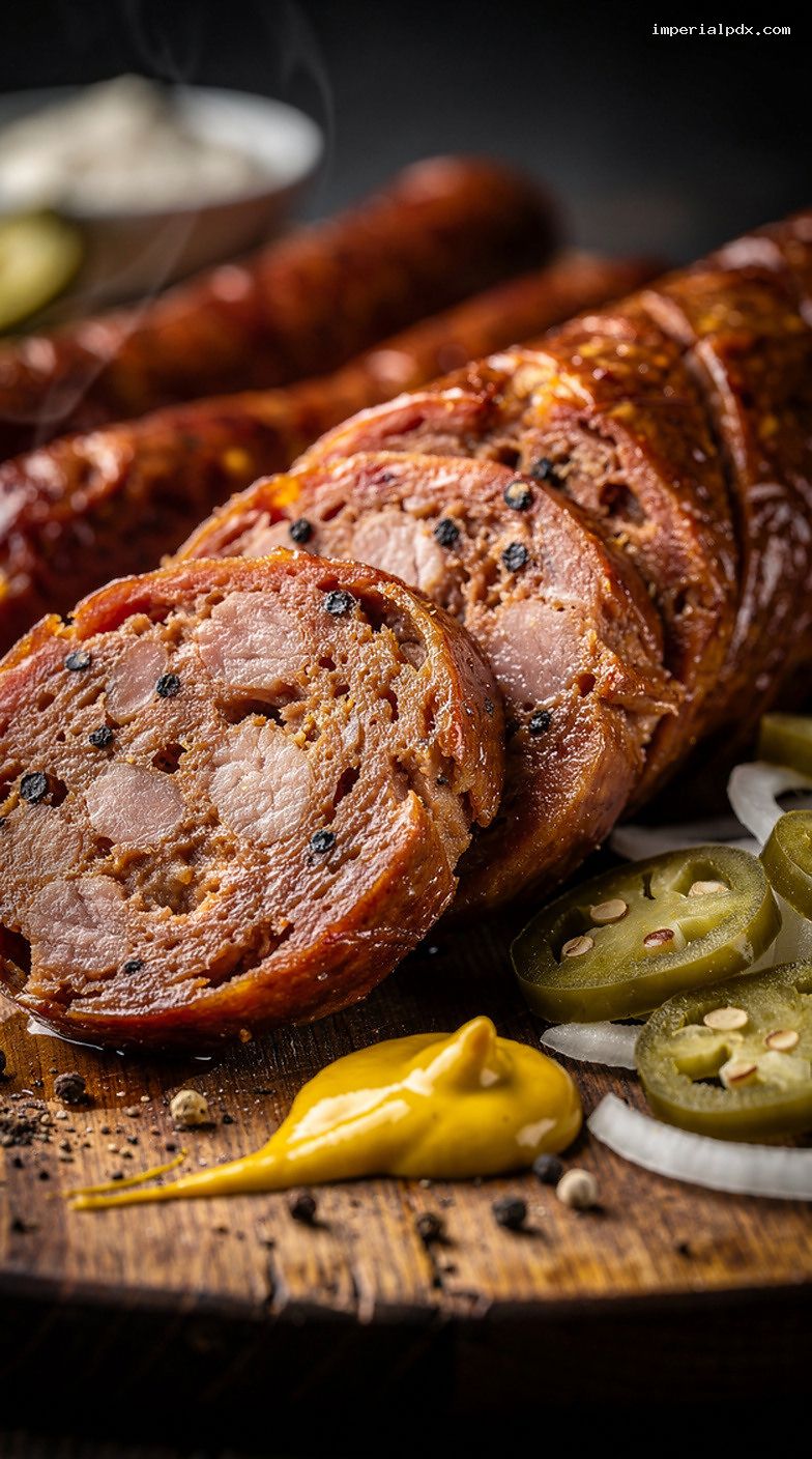 Texas-Style Smoked Beef Sausage Links with Mustard and Jalapeños – Closeup