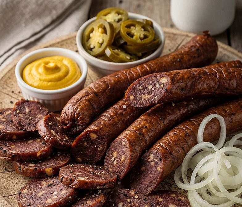 Texas-Style Smoked Beef Sausage Links with Mustard and Jalapeños