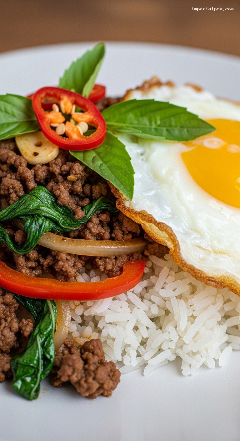 Thai Basil Beef with Jasmine Rice and Fried Egg – Closeup