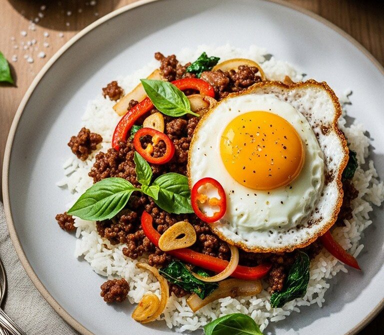 Thai Basil Beef with Jasmine Rice and Fried Egg