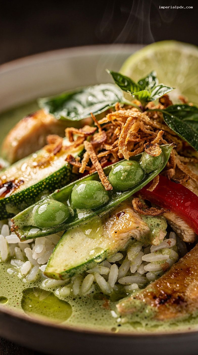 Thai Green Curry Chicken with Jasmine Rice and Crispy Shallots – Closeup