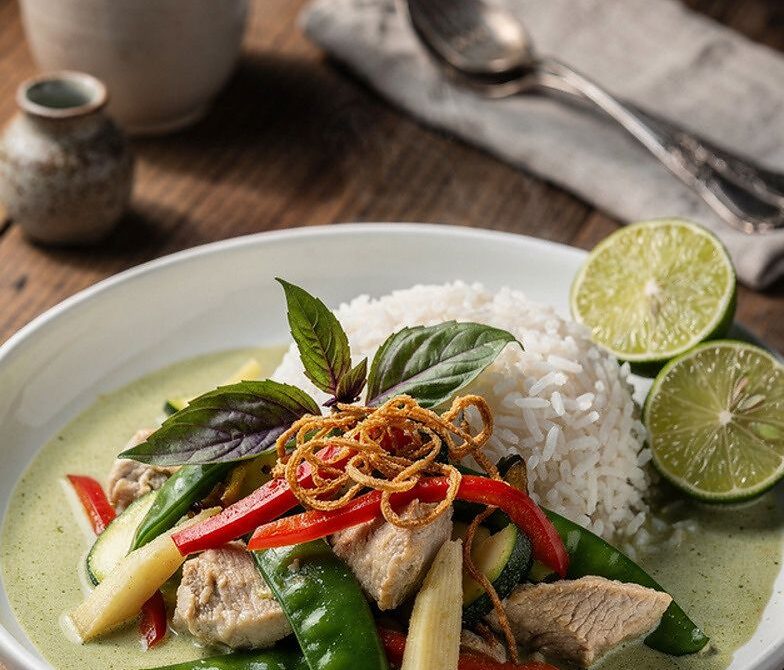 Thai Green Curry Chicken with Jasmine Rice and Crispy Shallots