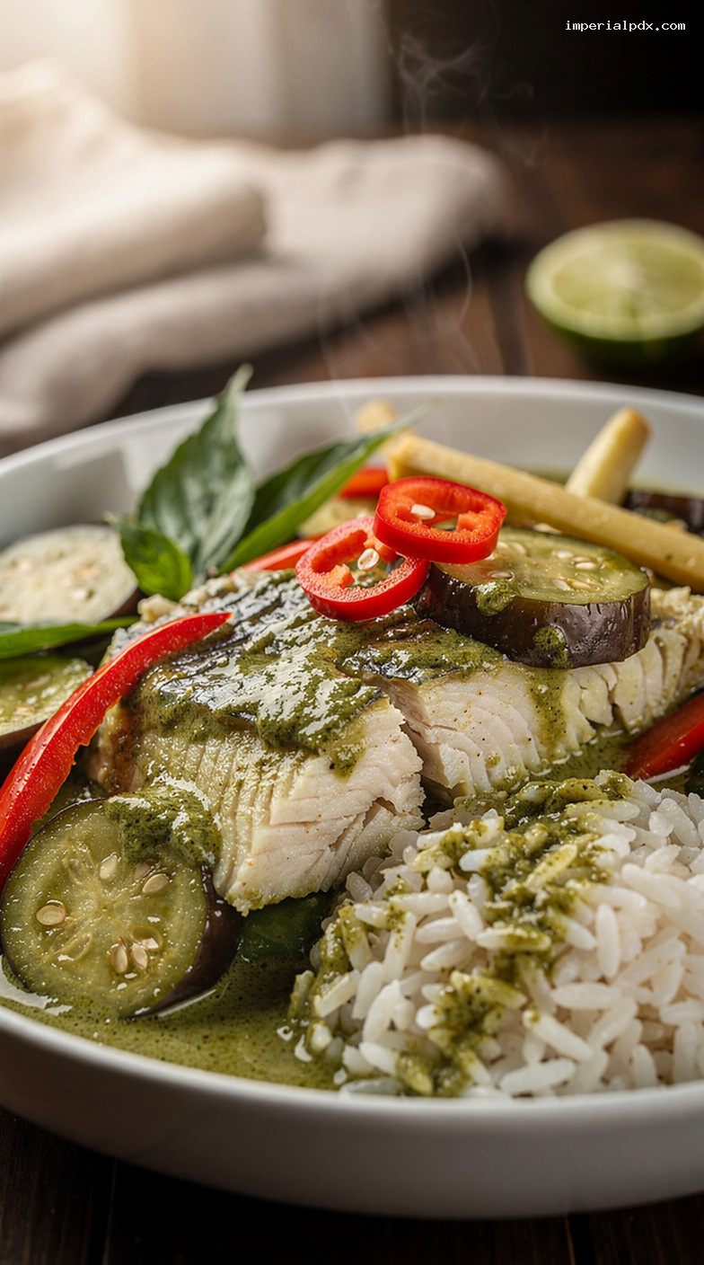 Thai Green Fish Curry With Coconut Milk and Jasmine Rice – Closeup