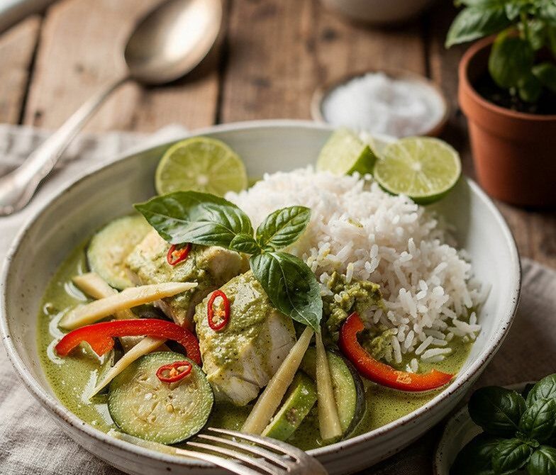 Thai Green Fish Curry With Coconut Milk and Jasmine Rice