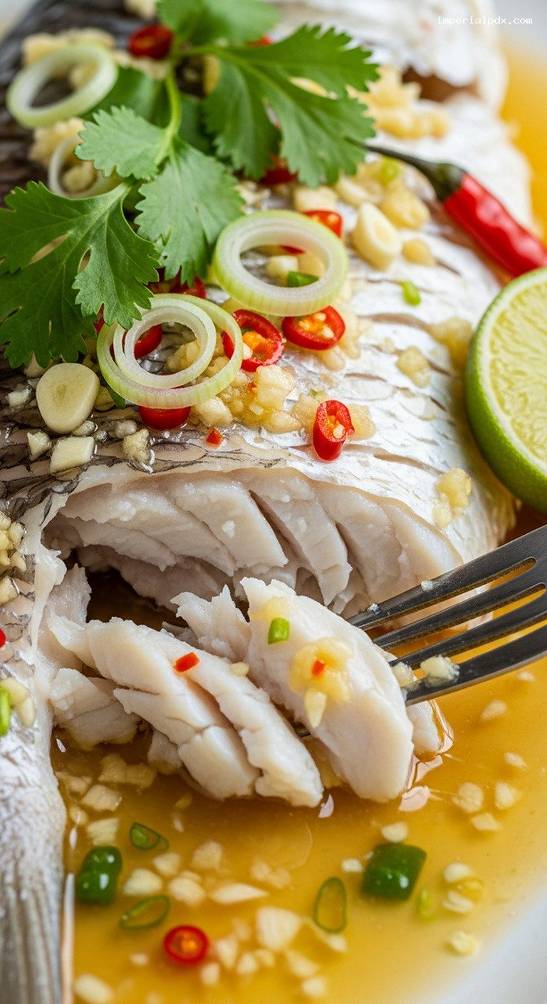 Thai Steamed Whole Fish with Lime Chili Sauce – Closeup
