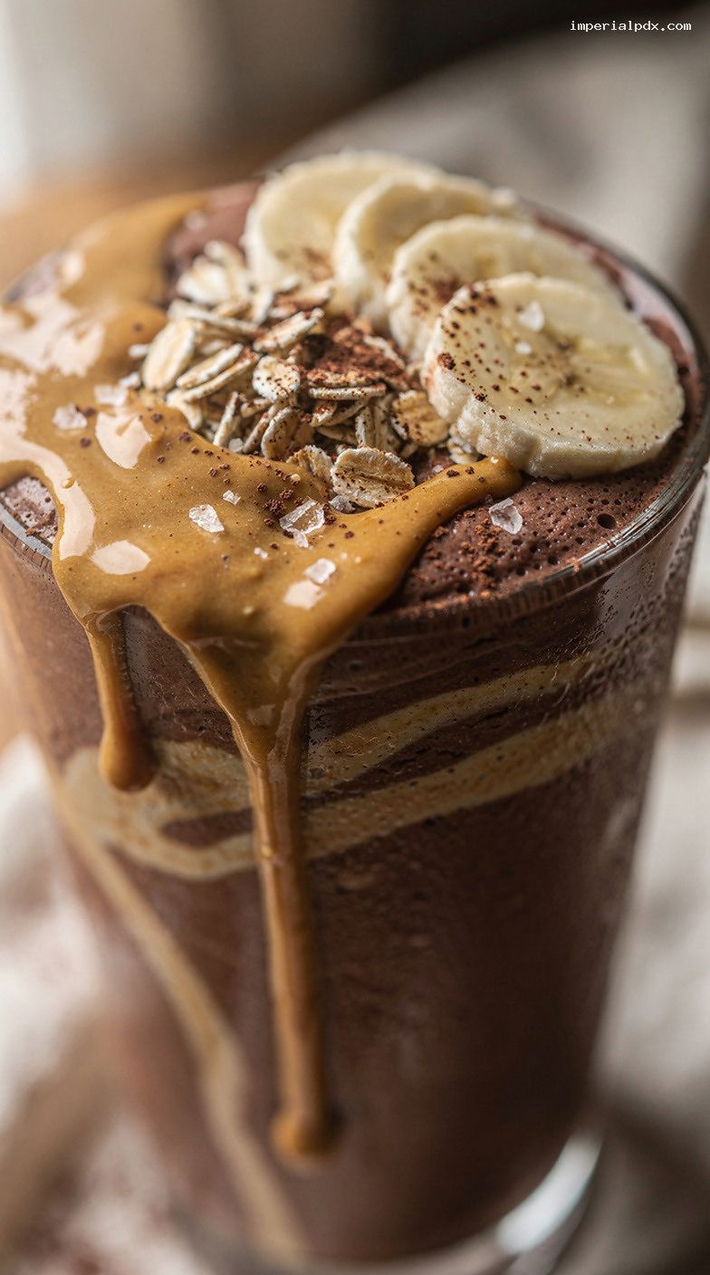 Thick Peanut Butter Cocoa Banana Oat Protein Smoothie – Closeup