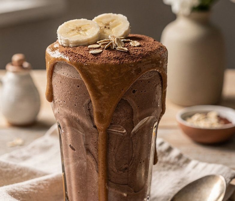 Thick Peanut Butter Cocoa Banana Oat Protein Smoothie