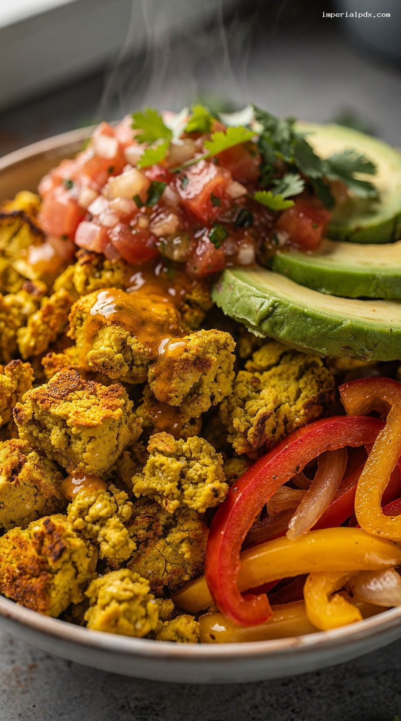 Tofu Scramble Breakfast Bowl With Peppers, Onions, and Salsa – Closeup