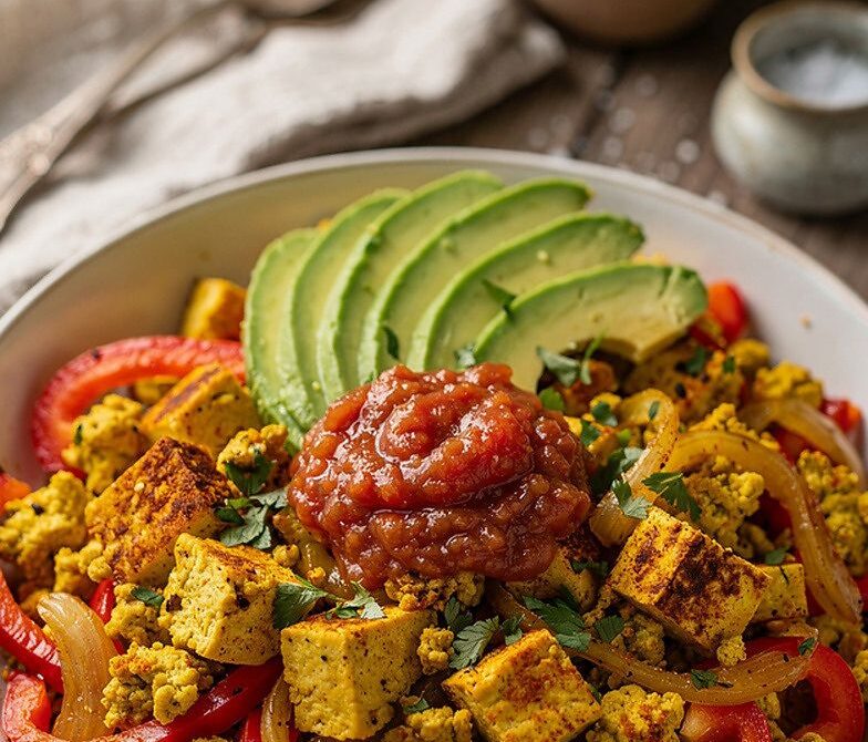Tofu Scramble Breakfast Bowl With Peppers, Onions, and Salsa