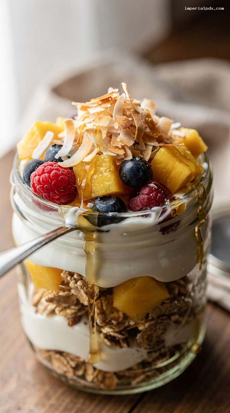Tropical Fruit Yogurt Parfait Bar With Granola And Coconut – Closeup