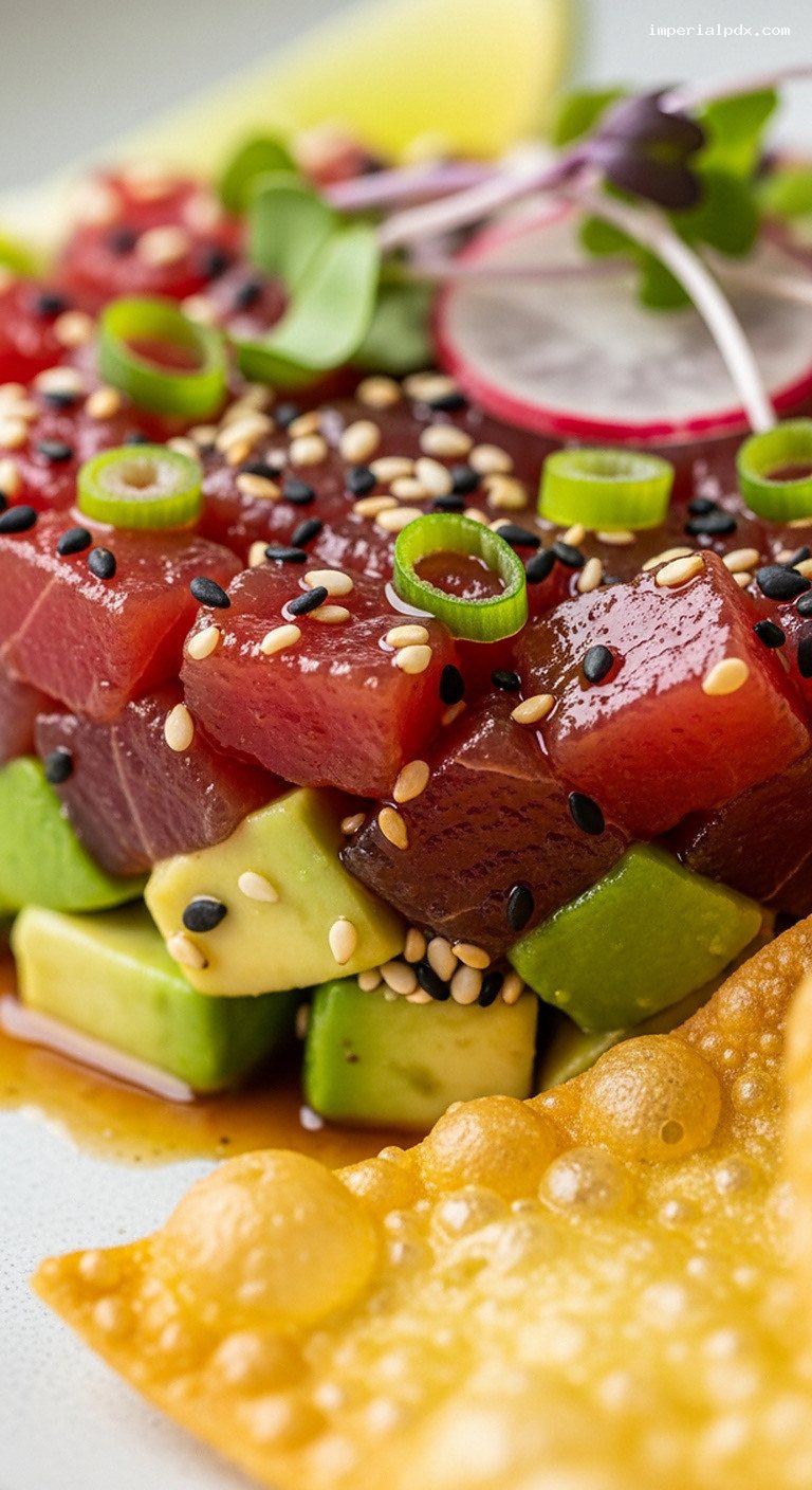 Tuna Tartare with Avocado and Crispy Wonton Chips – Closeup