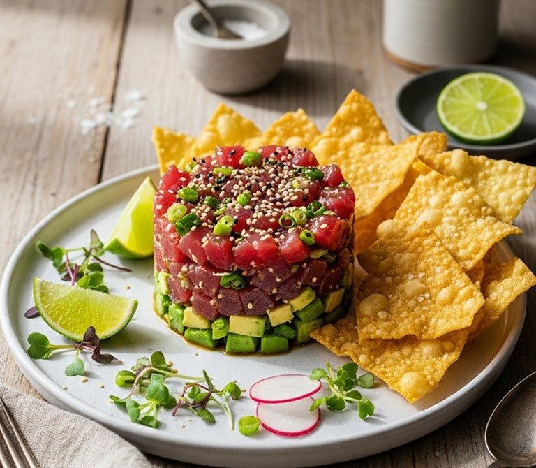 Tuna Tartare with Avocado and Crispy Wonton Chips