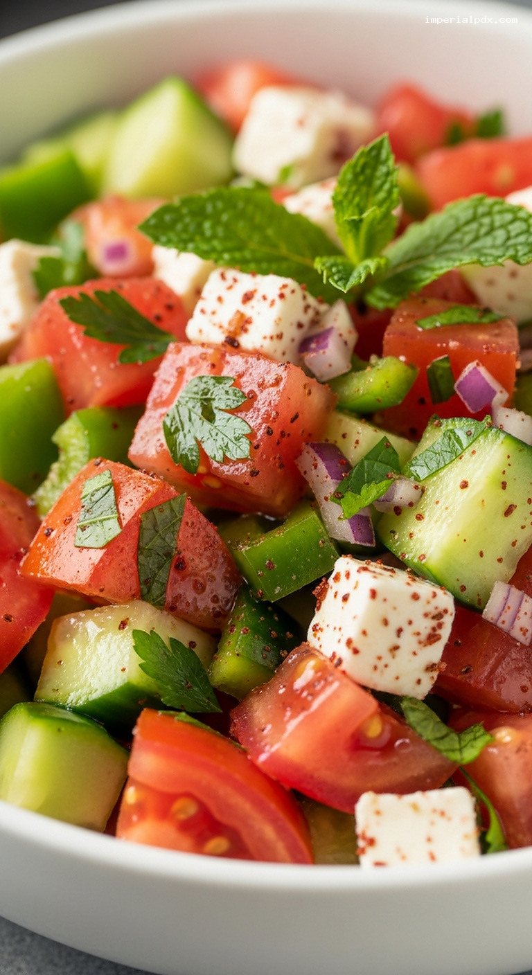 Turkish Çoban Salata (Shepherd’s Salad) With Lemon and Mint – Closeup