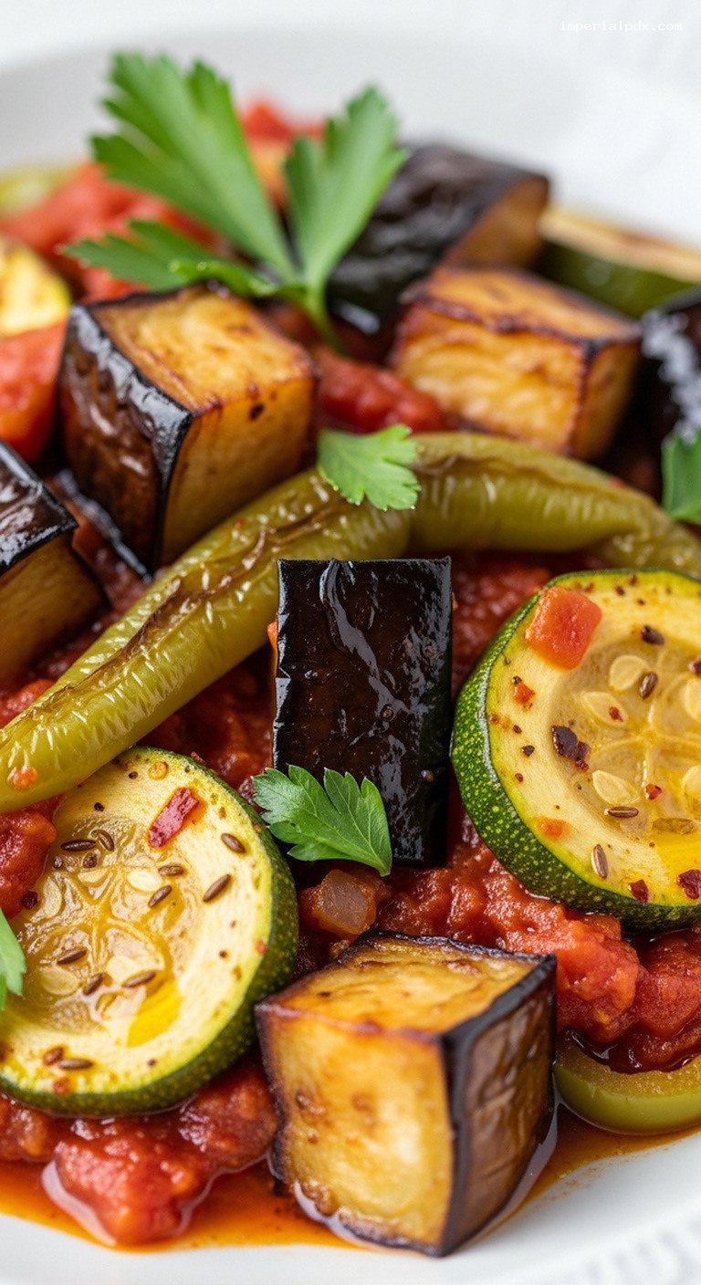 Turkish Şakşuka Veggie Medley With Garlicky Tomato Sauce – Closeup
