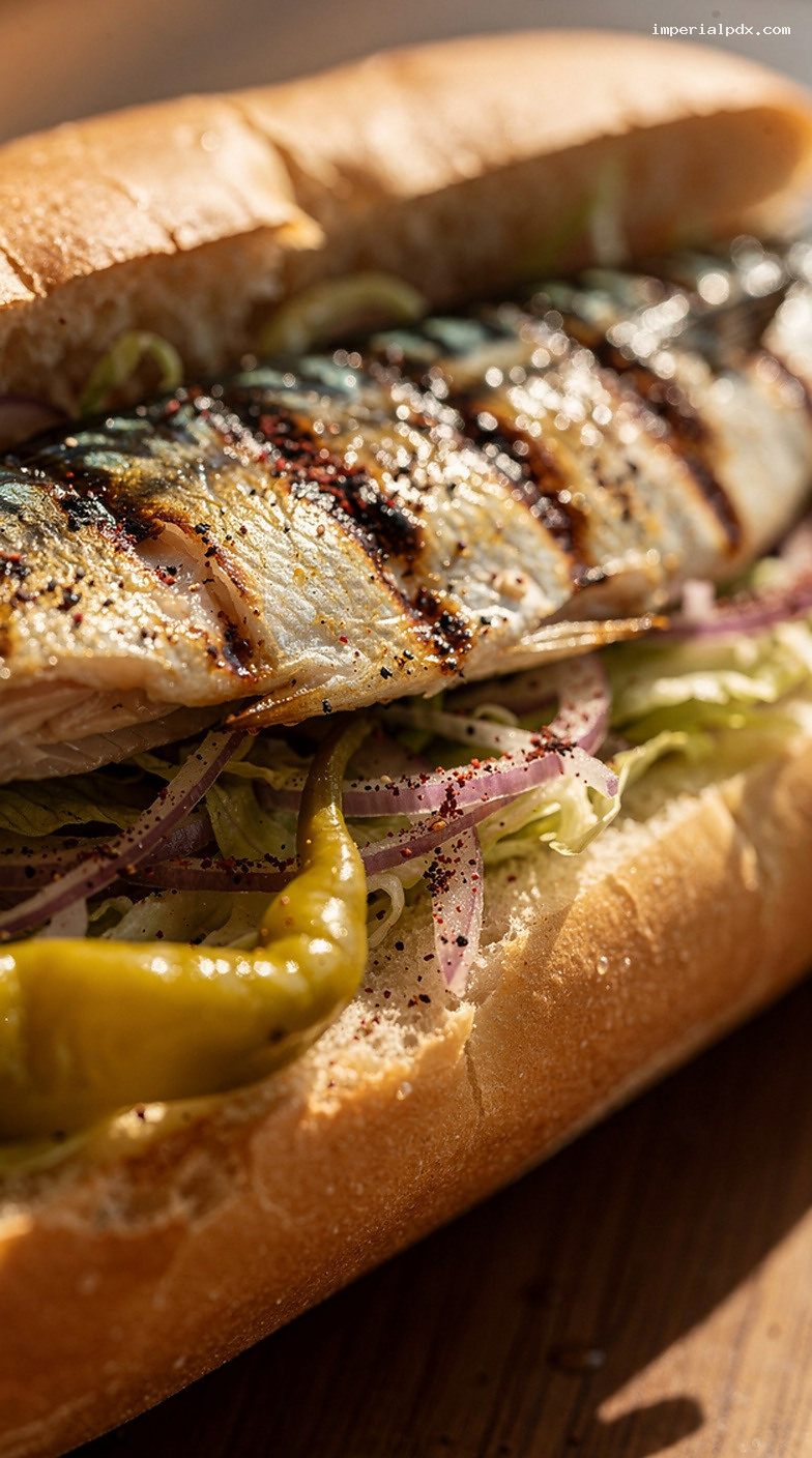 Turkish Balık Ekmek: Grilled Mackerel Sandwich with Lemon and Onions – Closeup