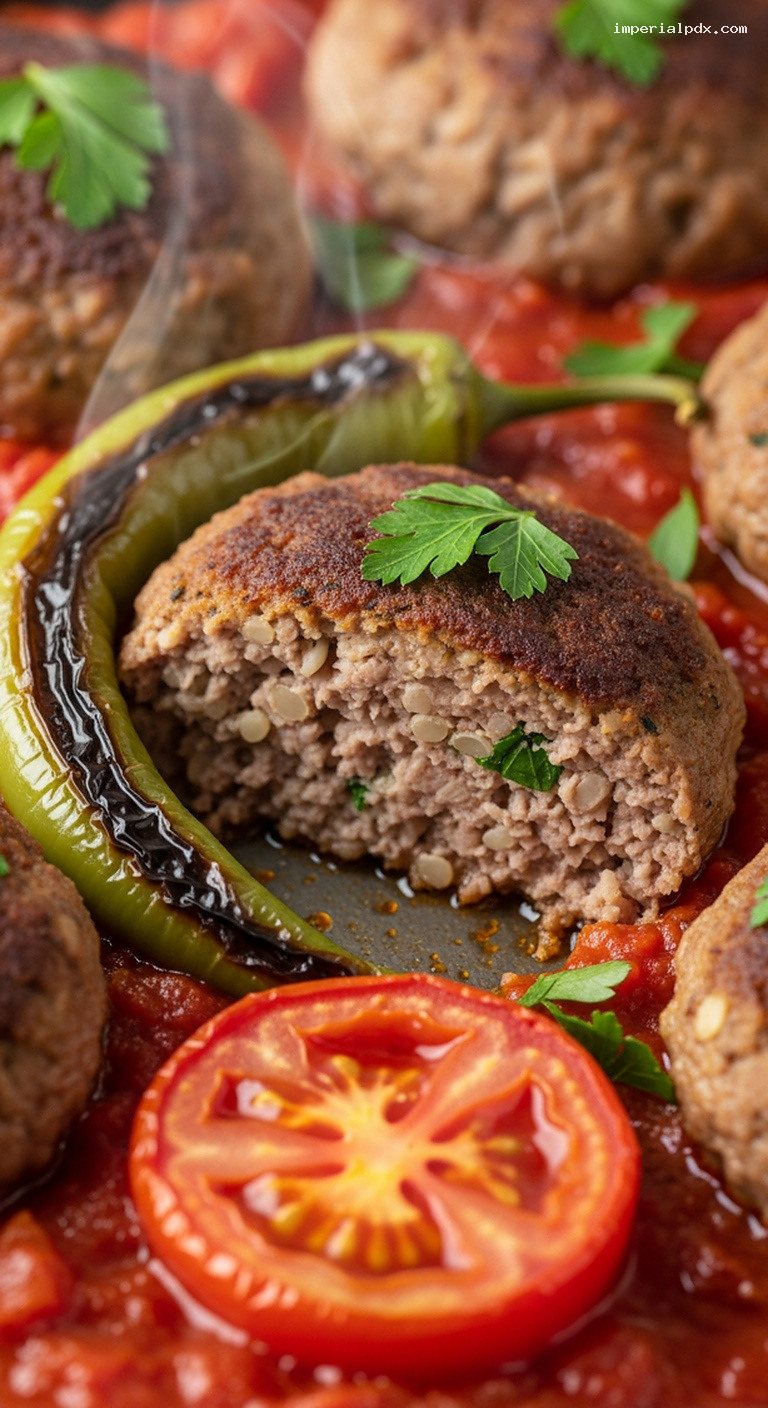 Turkish Bulgurlu Kofte Tray Bake with Tomato Pepper Sauce – Closeup
