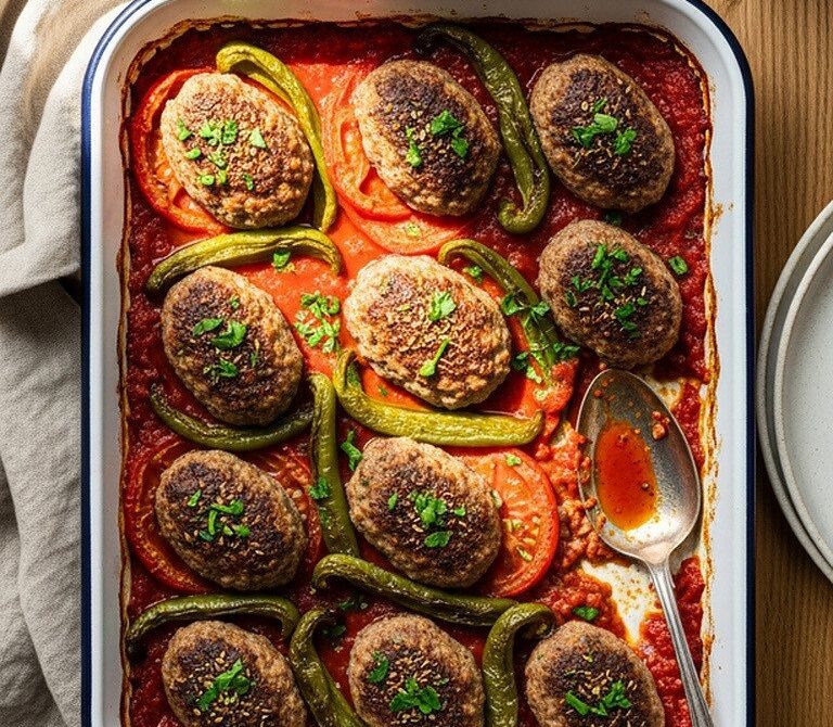 Turkish Bulgurlu Kofte Tray Bake with Tomato Pepper Sauce