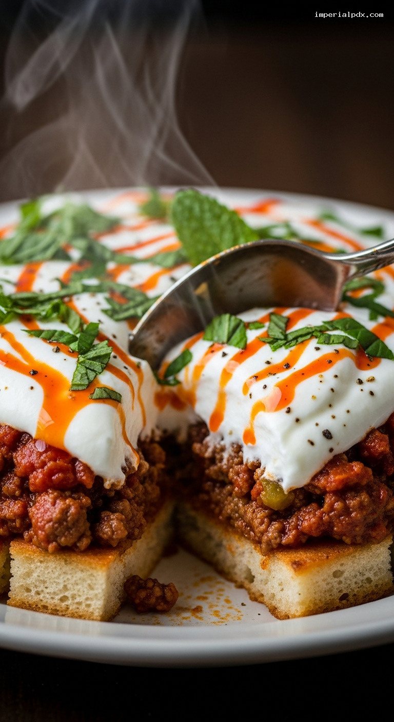 Turkish Lamb and Yogurt Pita Skillet Bake – Closeup