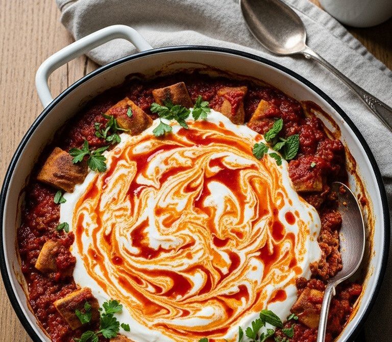 Turkish Lamb and Yogurt Pita Skillet Bake
