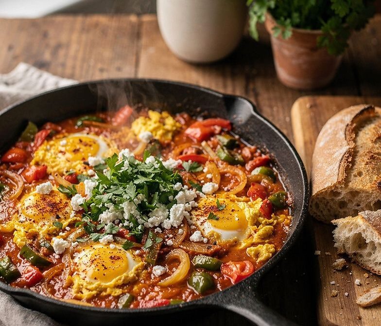 Turkish Menemen With Crusty Bread and Soft Scrambled Eggs