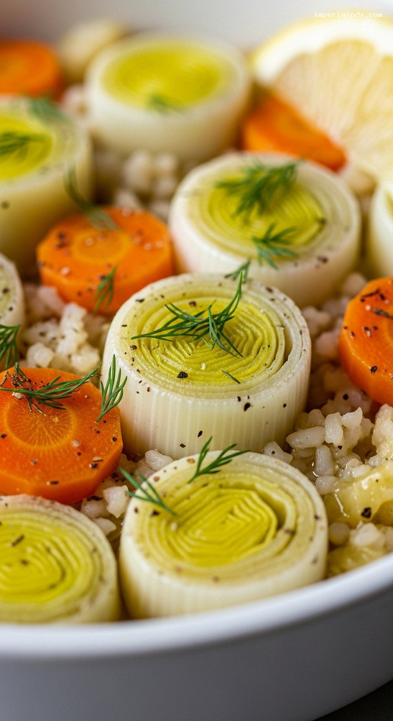 Turkish Olive Oil Braised Leeks with Carrots and Rice – Closeup