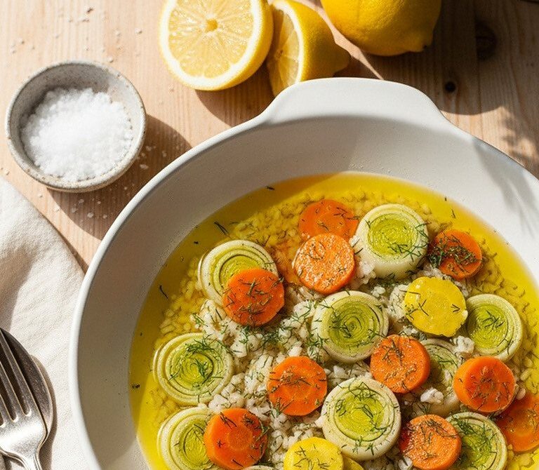 Turkish Olive Oil Braised Leeks with Carrots and Rice