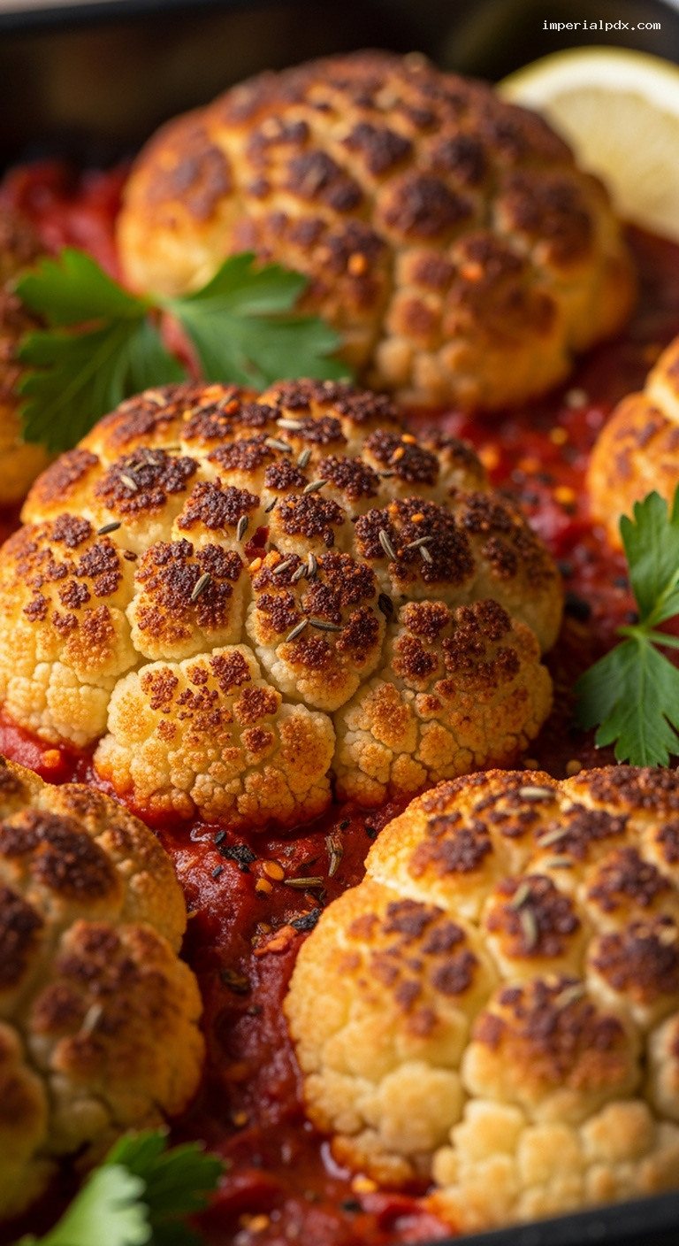 Turkish Roasted Cauliflower With Tomato and Garlic – Closeup
