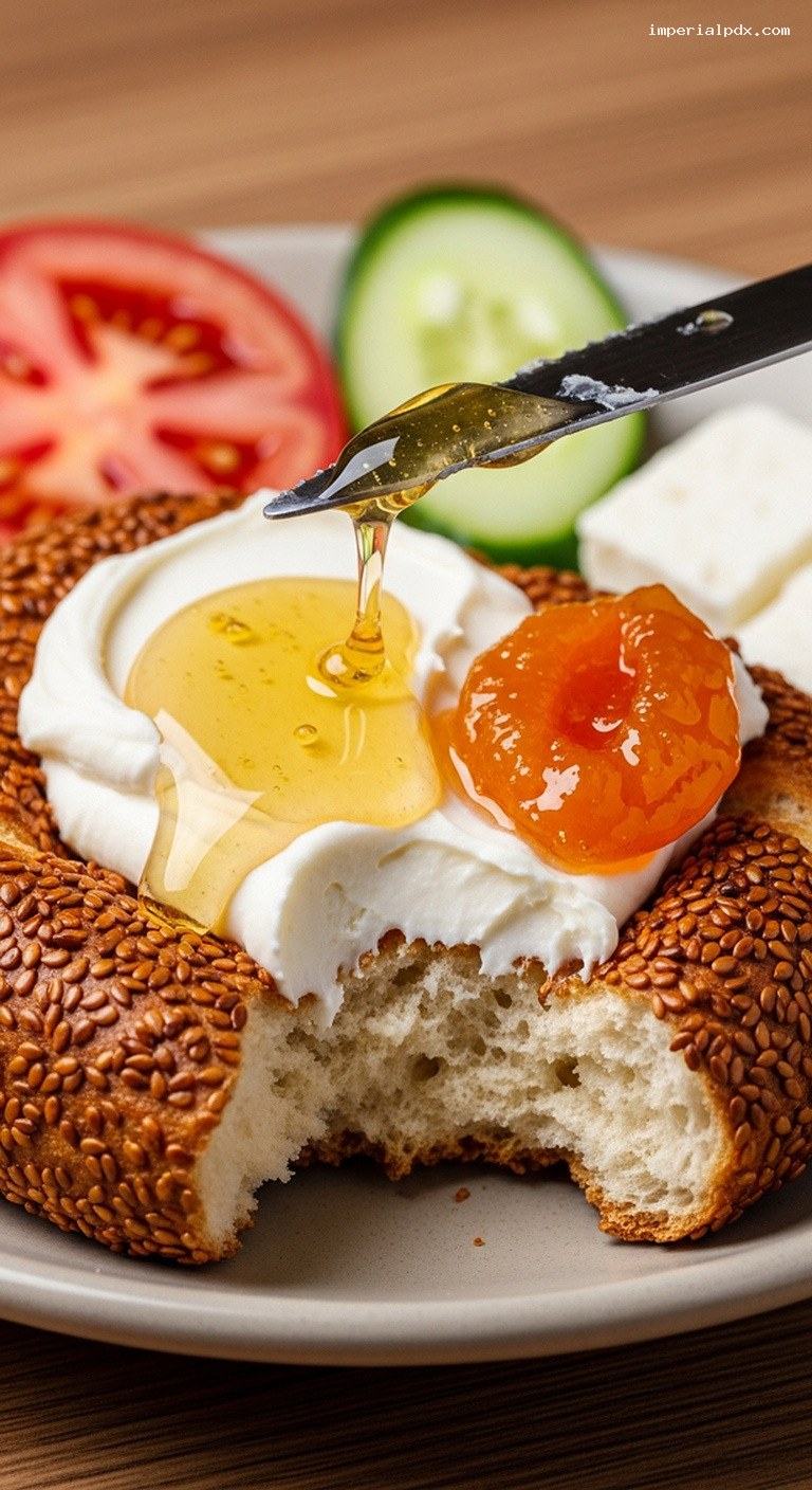 Turkish Simit Brunch Board with Kaymak and Honey – Closeup