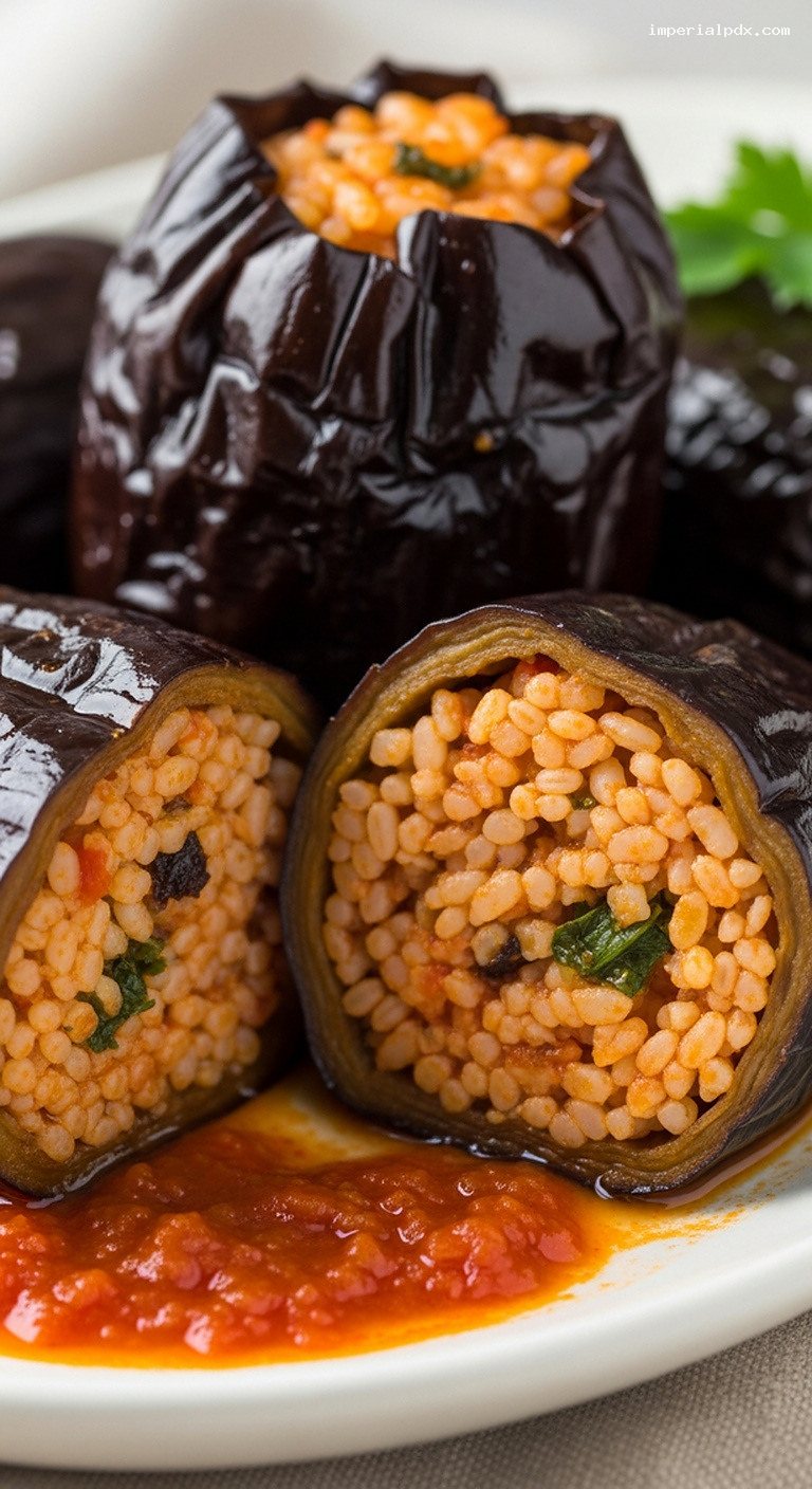 Turkish Sun-Dried Eggplant Dolma With Spiced Rice – Closeup