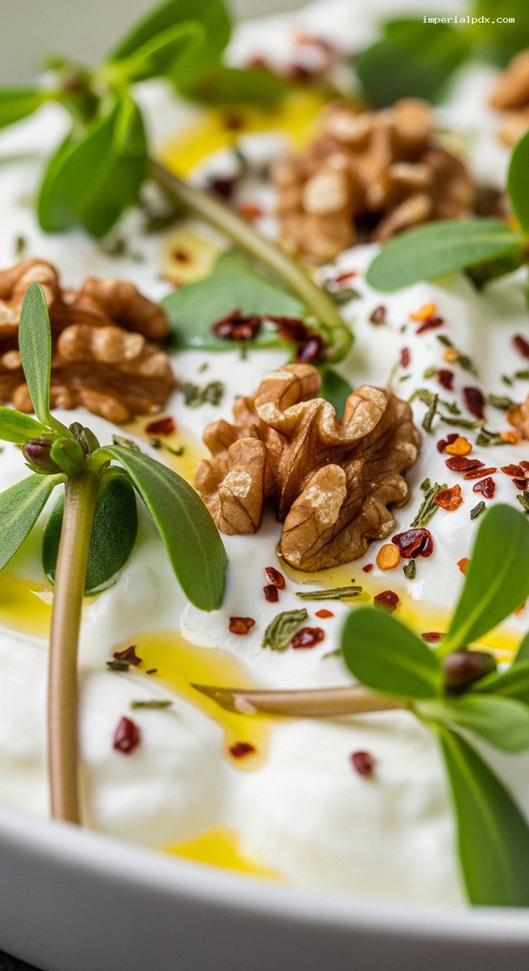 Turkish Yogurt Purslane Salad With Garlic and Walnuts – Closeup