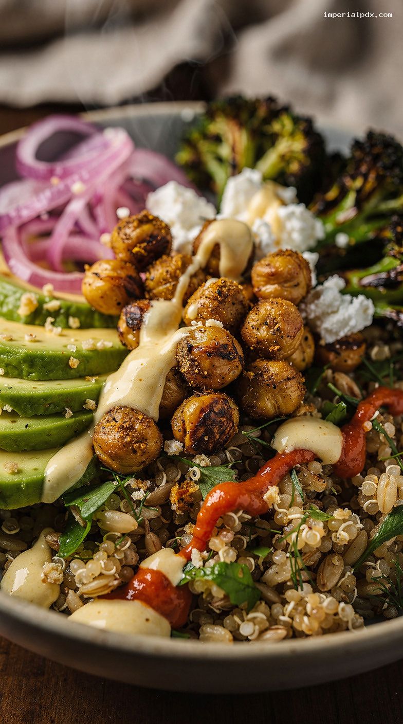 Vegetarian Grain and Greens Bowls with Lemon Tahini or Harissa – Closeup