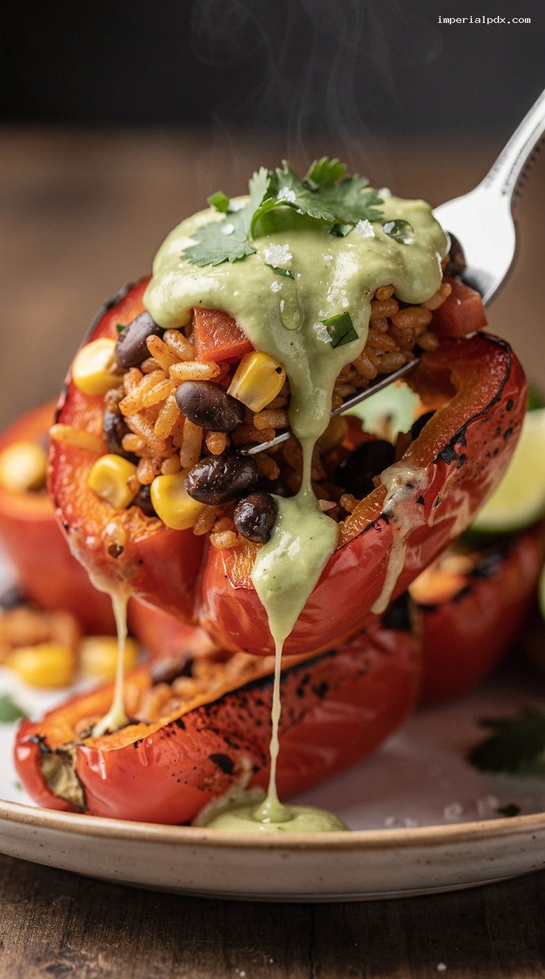 Vegetarian Stuffed Pepper Boats With Black Beans and Avocado Crema – Closeup