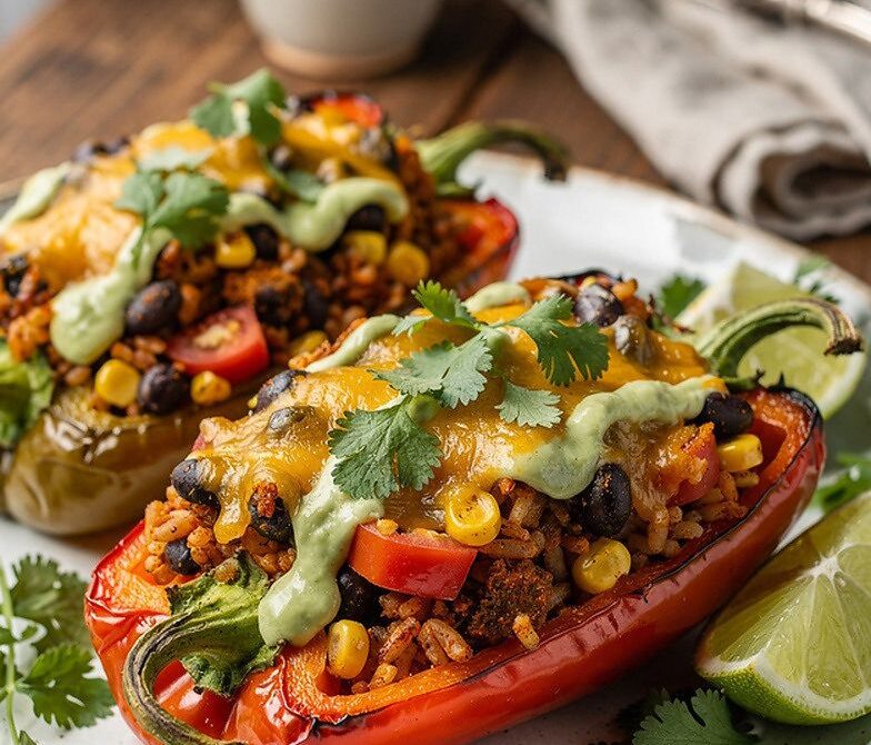 Vegetarian Stuffed Pepper Boats With Black Beans and Avocado Crema