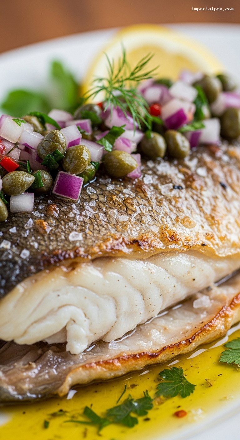 Whole Roasted Mediterranean Branzino with Lemon and Caper Salsa – Closeup