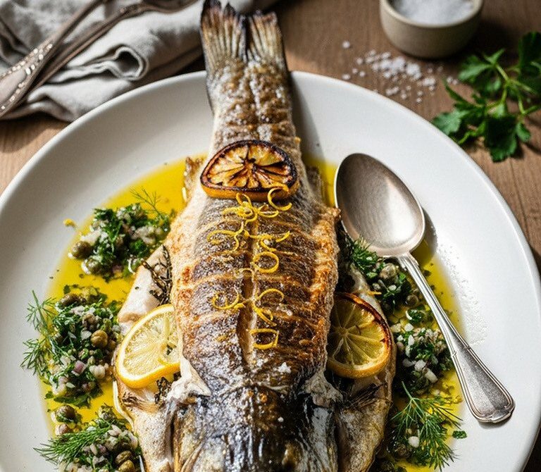 Whole Roasted Mediterranean Branzino with Lemon and Caper Salsa