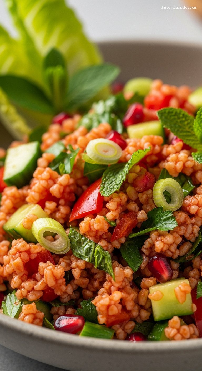 Zesty Turkish Kısır Anatolian Bulgur Salad – Closeup