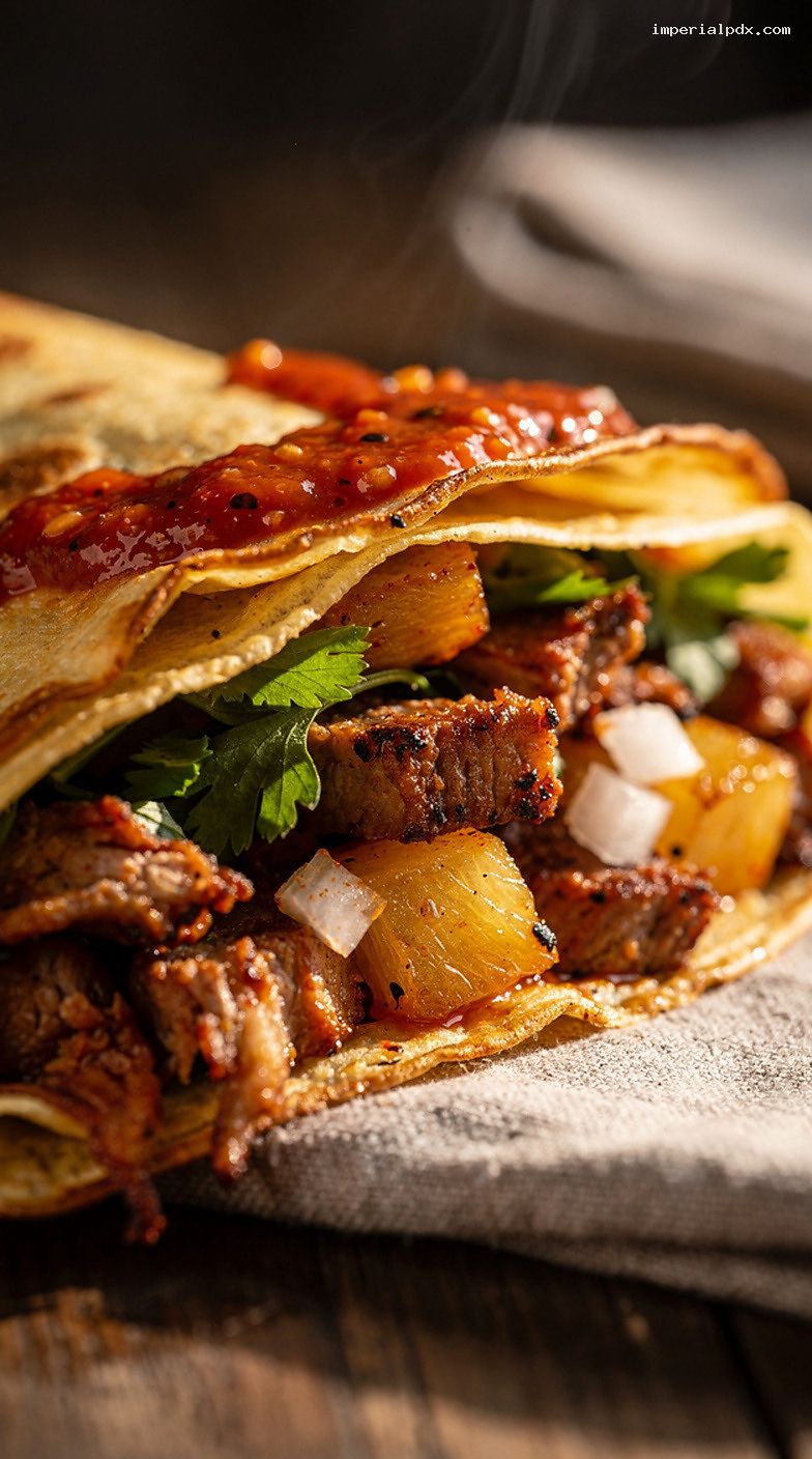 Al Pastor Pork and Pineapple Street-Style Crepes – Closeup
