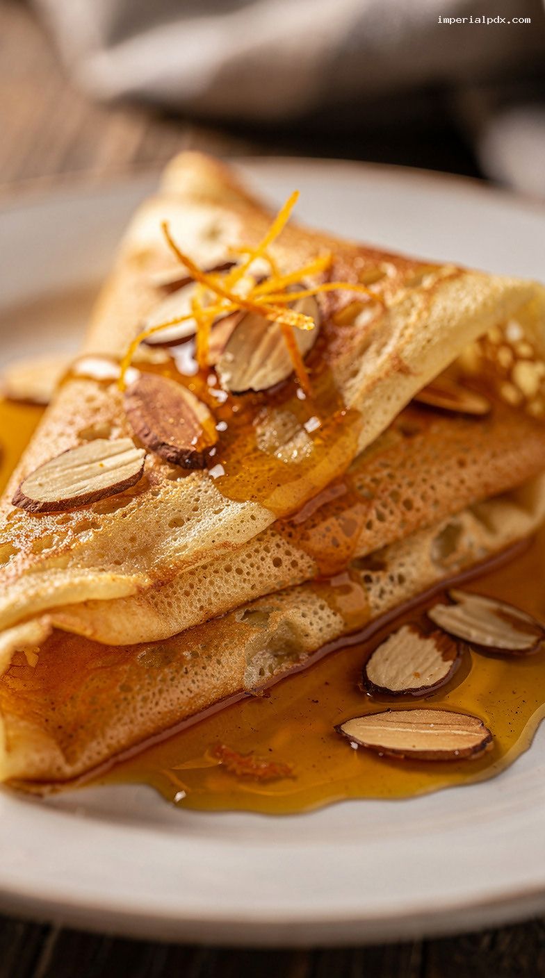 Almond Orange Crêpes Suzette With Toasted Almonds – Closeup