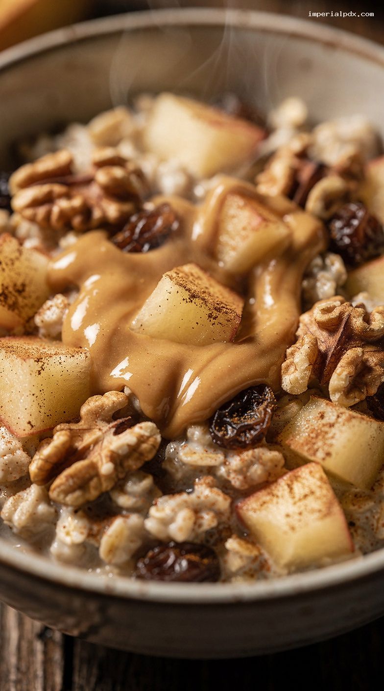 Apple Cinnamon Peanut Butter Oatmeal with Walnuts and Raisins – Closeup