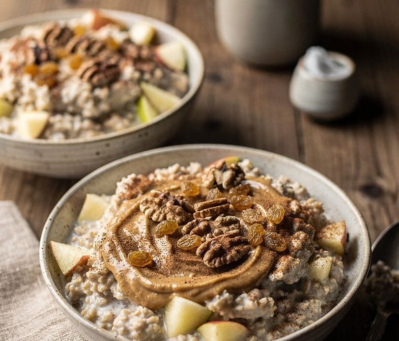 Apple Cinnamon Peanut Butter Oatmeal with Walnuts and Raisins