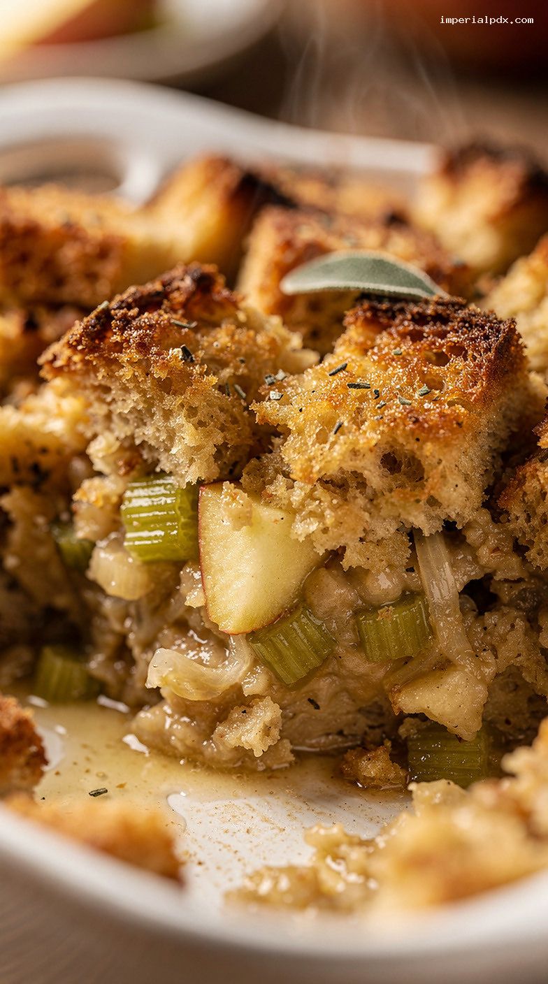 Apple Sage Stuffing Bake with Rustic Bread Cubes – Closeup