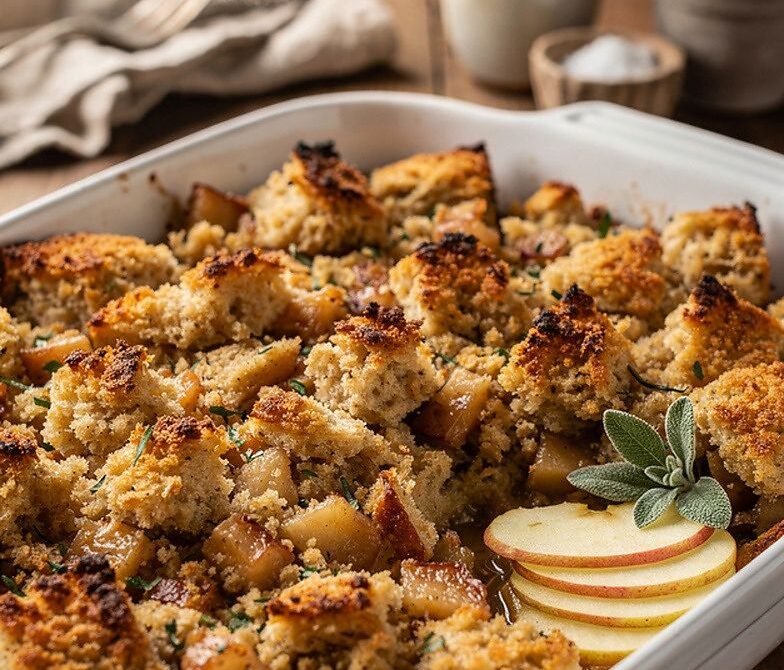 Apple Sage Stuffing Bake with Rustic Bread Cubes