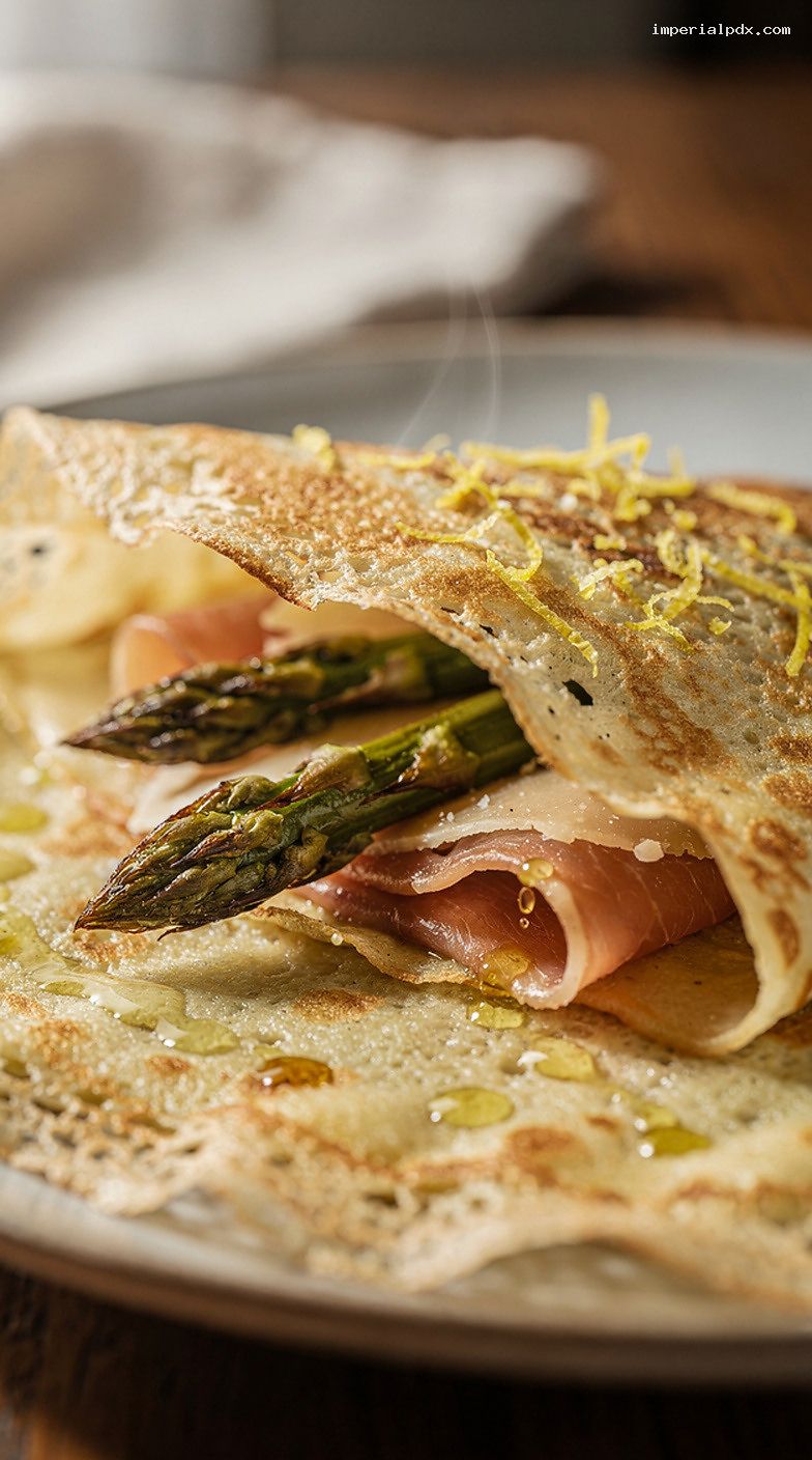 Asparagus Prosciutto Parmesan Crepes With Lemon Zest – Closeup