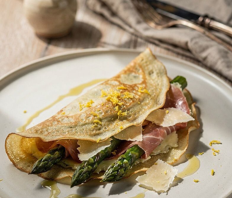 Asparagus Prosciutto Parmesan Crepes With Lemon Zest