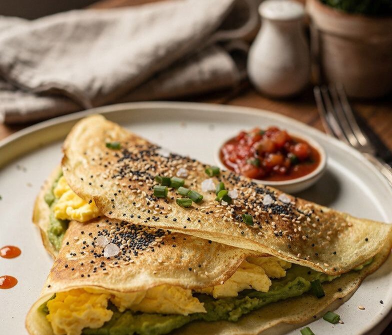 Avocado and Soft Scrambled Egg Crepes with Everything Bagel Seasoning
