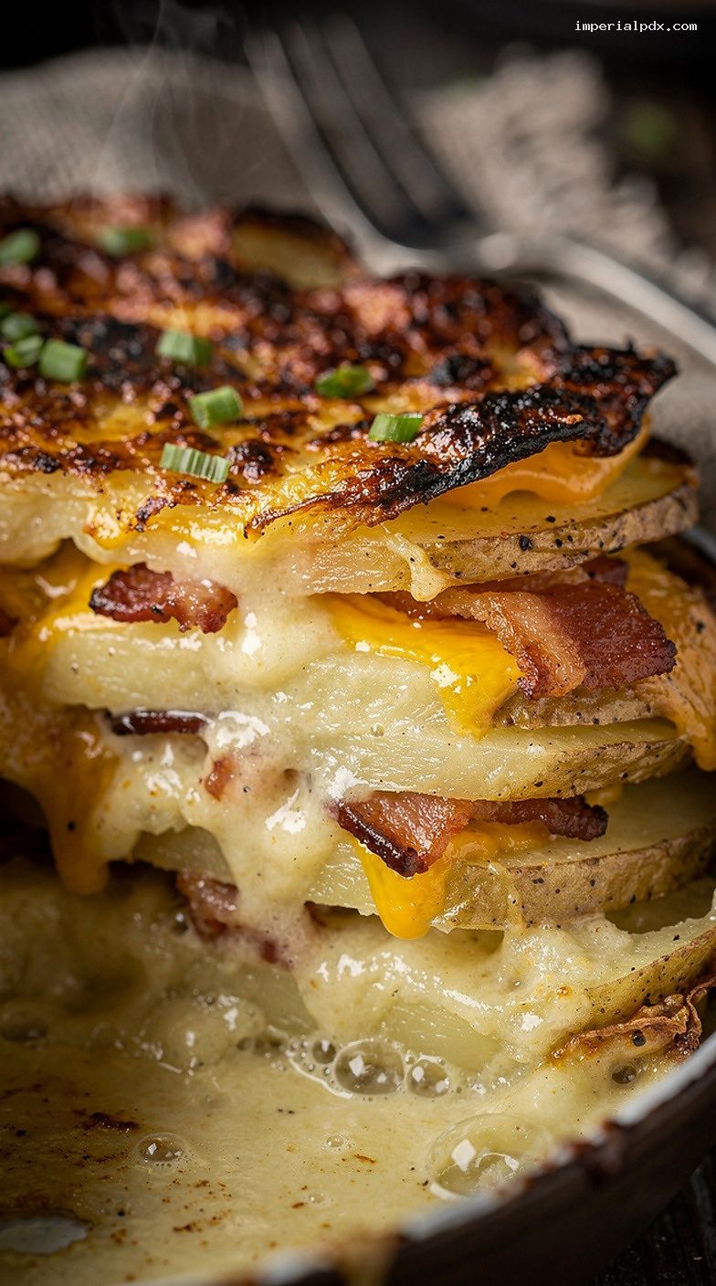 Bacon Cheddar Scalloped Potatoes with Garlic and Cream – Closeup