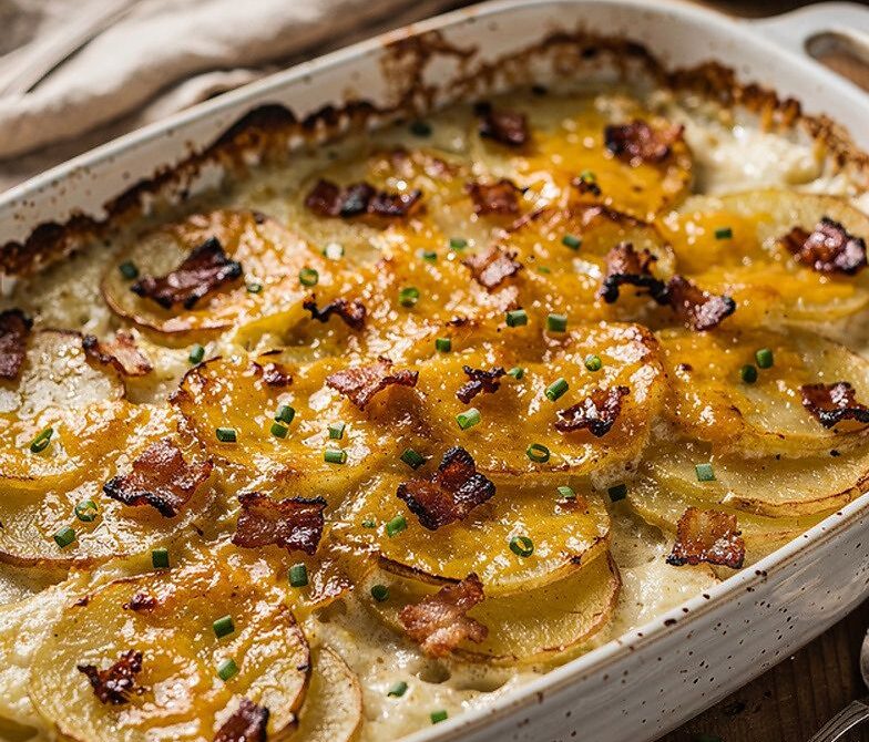 Bacon Cheddar Scalloped Potatoes with Garlic and Cream