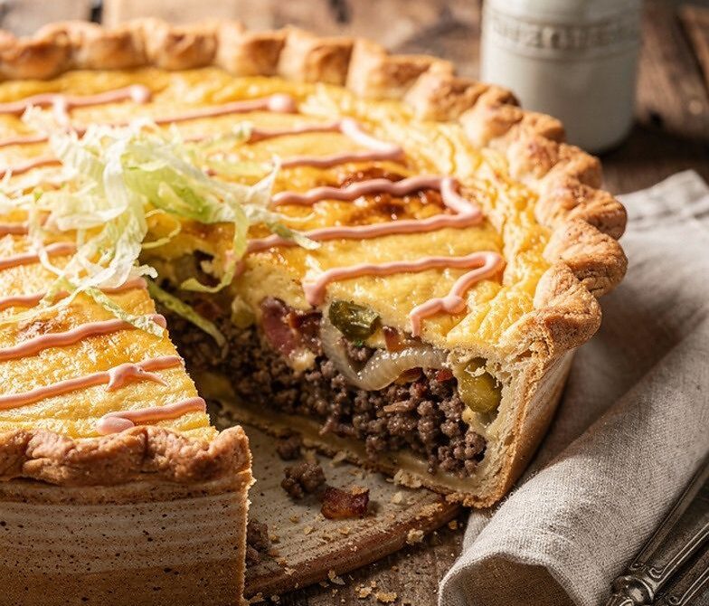 Bacon Cheeseburger Pie with Cheddar and Burger Toppings