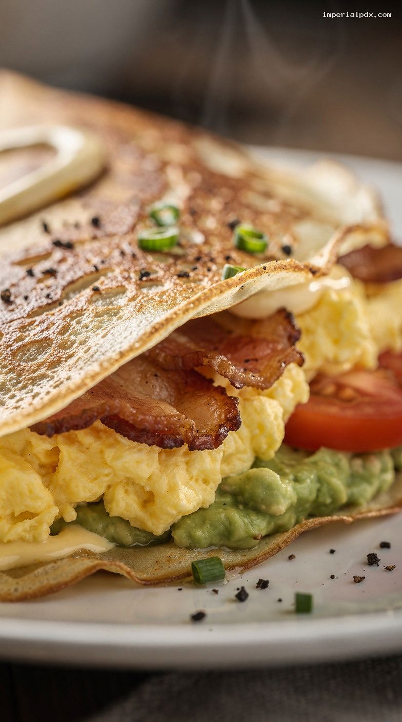 Bacon Egg Avocado Club Crepes with Tomato and Aioli – Closeup