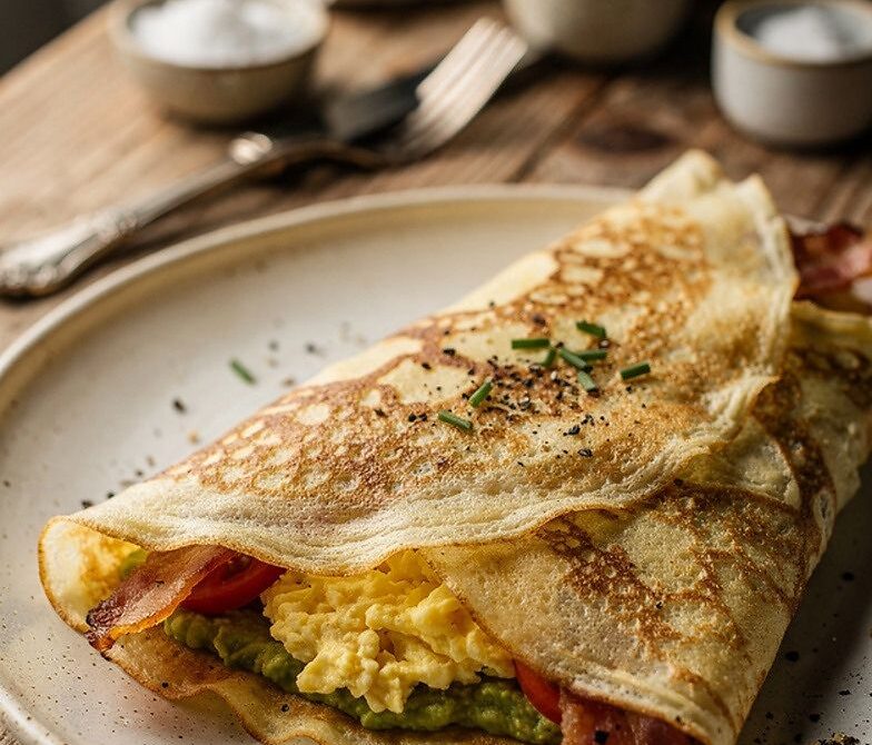 Bacon Egg Avocado Club Crepes with Tomato and Aioli